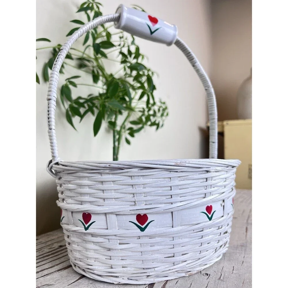 Vintage White Woven Wicker Basket Ceramic Heart Handle / Red & Green Flowers 11”